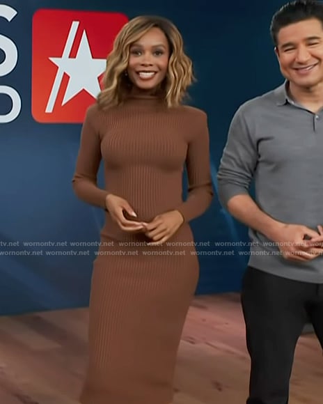 Zuri's brown ribbed turtleneck dress on Access Hollywood