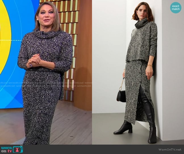 Adam Lippes Collective Wool High Low Sweater and Boucle Midi Skirt worn by Ginger Zee on Good Morning America