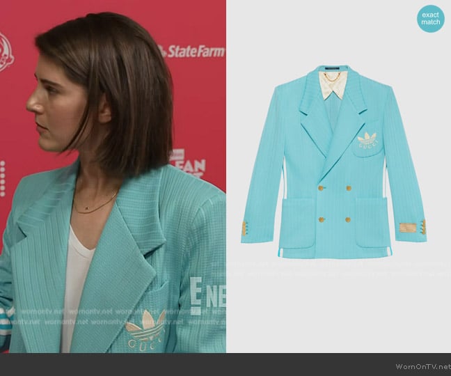 Gucci Adidas X Rib Jersey Formal Jacket In Blue worn by Emily Curl on E! News