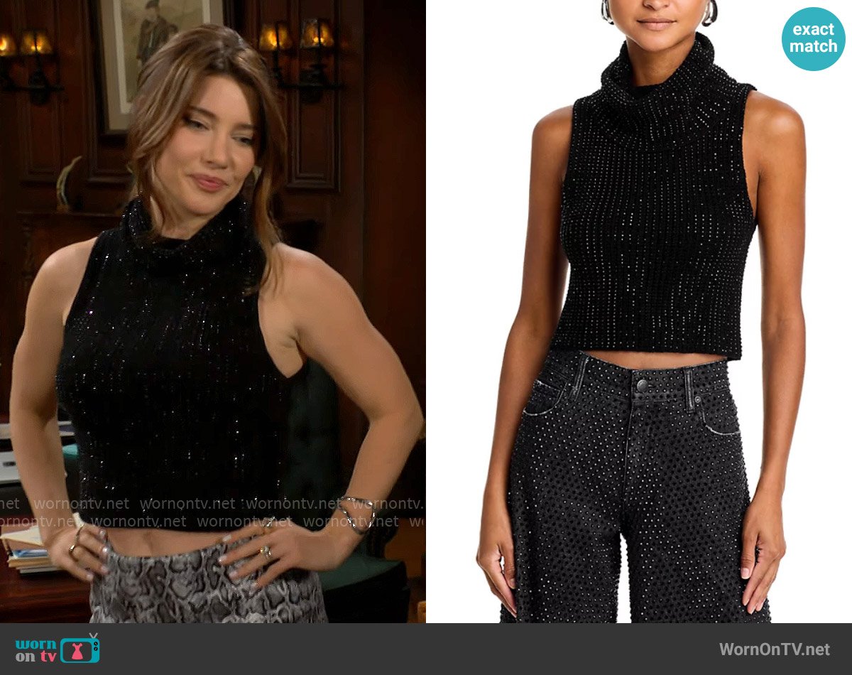 Alice + Olivia Alma Rhinestone Knit Shell worn by Steffy Forrester (Jacqueline MacInnes Wood) on The Bold and the Beautiful