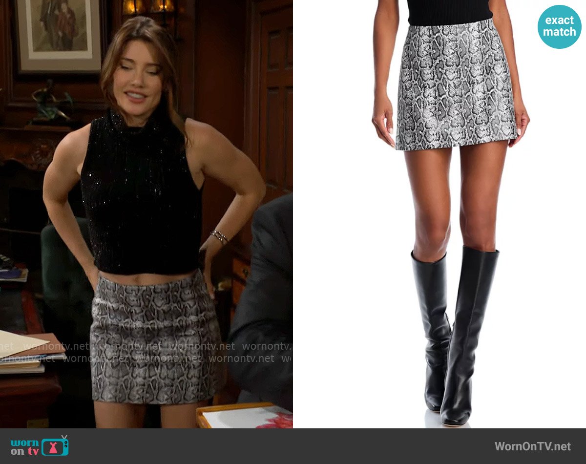 Alice + Olivia Elana Faux Leather Mini Skirt in Python worn by Steffy Forrester (Jacqueline MacInnes Wood) on The Bold and the Beautiful