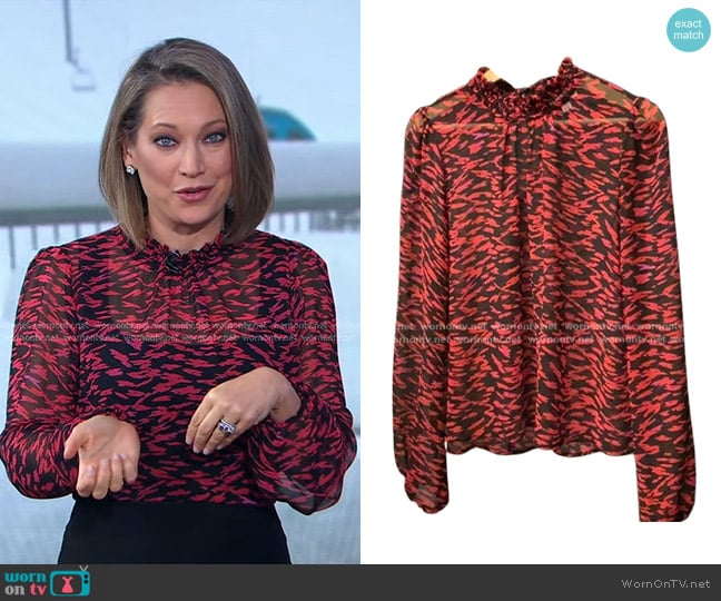 Allison Joy Print Sheer Mockneck Blouse worn by Ginger Zee on Good Morning America