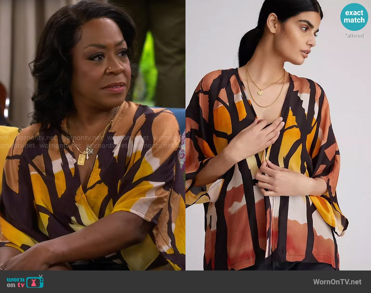 Mes Demoiselles at Anthropologie Draped Silk Blouse worn by Tina Butler (Tichina Arnold) on The Neighborhood