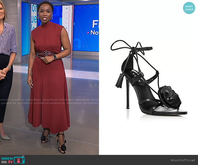 Aqua Flower Ankle Tie High Heel Sandals in Black worn by Zinhle Essamuah on NBC News Daily