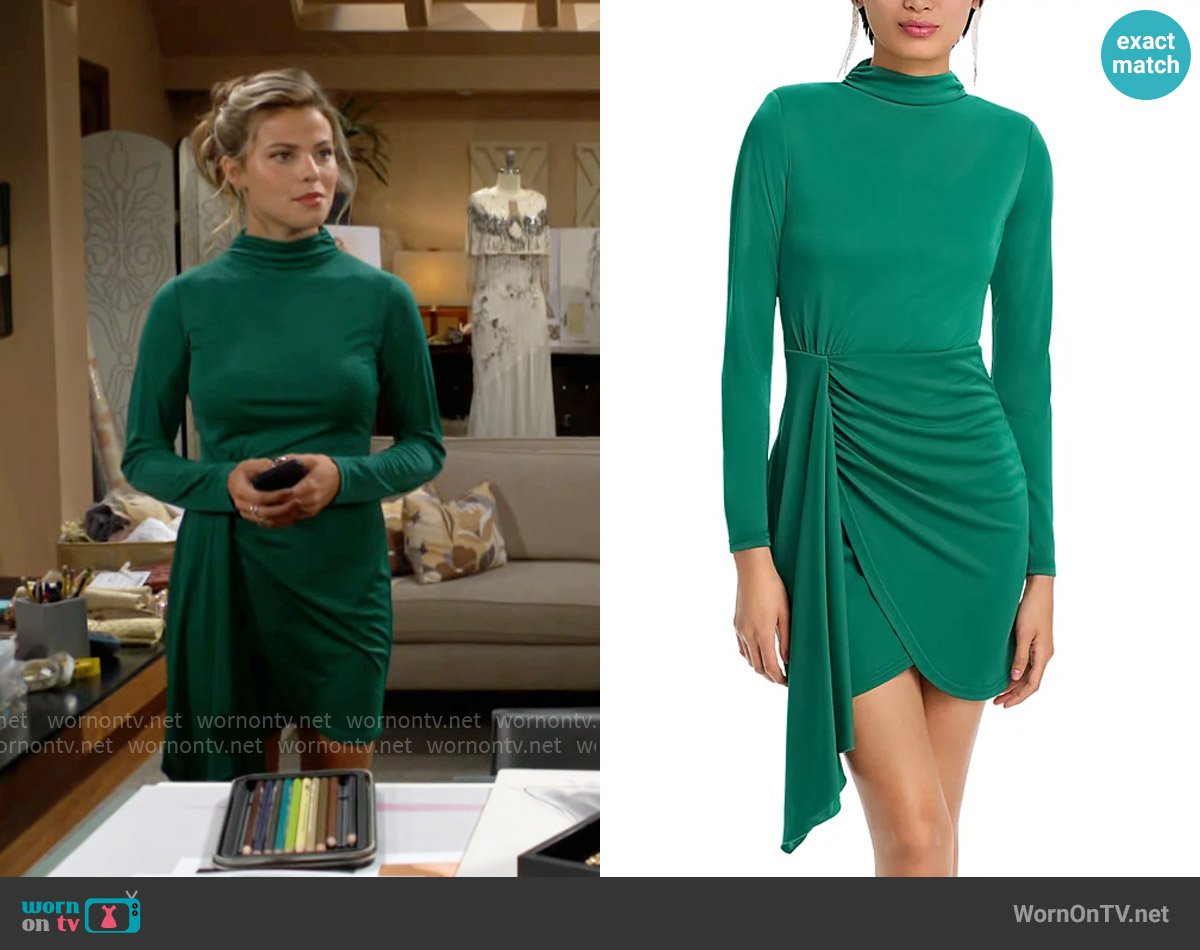 Aqua Long Sleeve Jersey Mock Neck Wrap Skirt Dress in Green worn by Lainey (Heidi Grace Engerman) on The Bold and the Beautiful