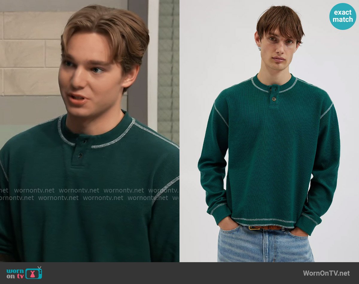 BDG at Urban Outfitters Cameron Thermal Henley Tee worn by Rocco Falconeri (Finn Carr) on General Hospital