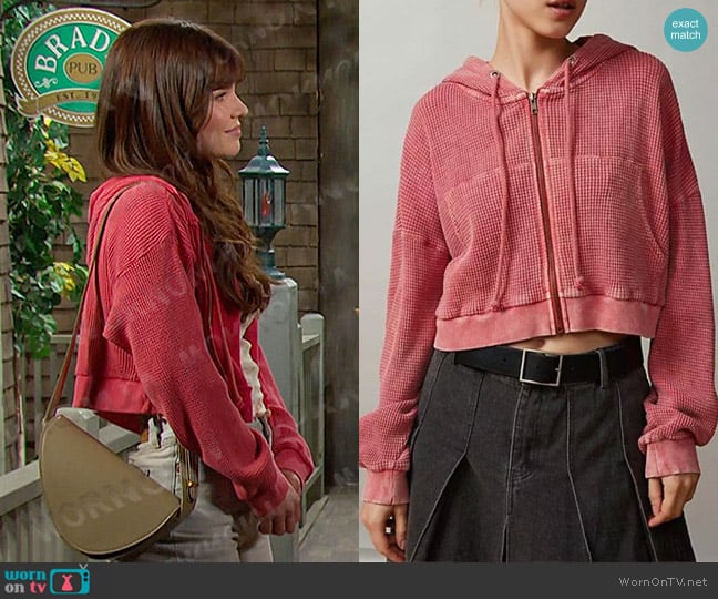 BDG Leah Waffle Knit Zip-Up Hoodie Sweatshirt worn by Joy Wesley (AlexAnn Hopkins) on Days of our Lives