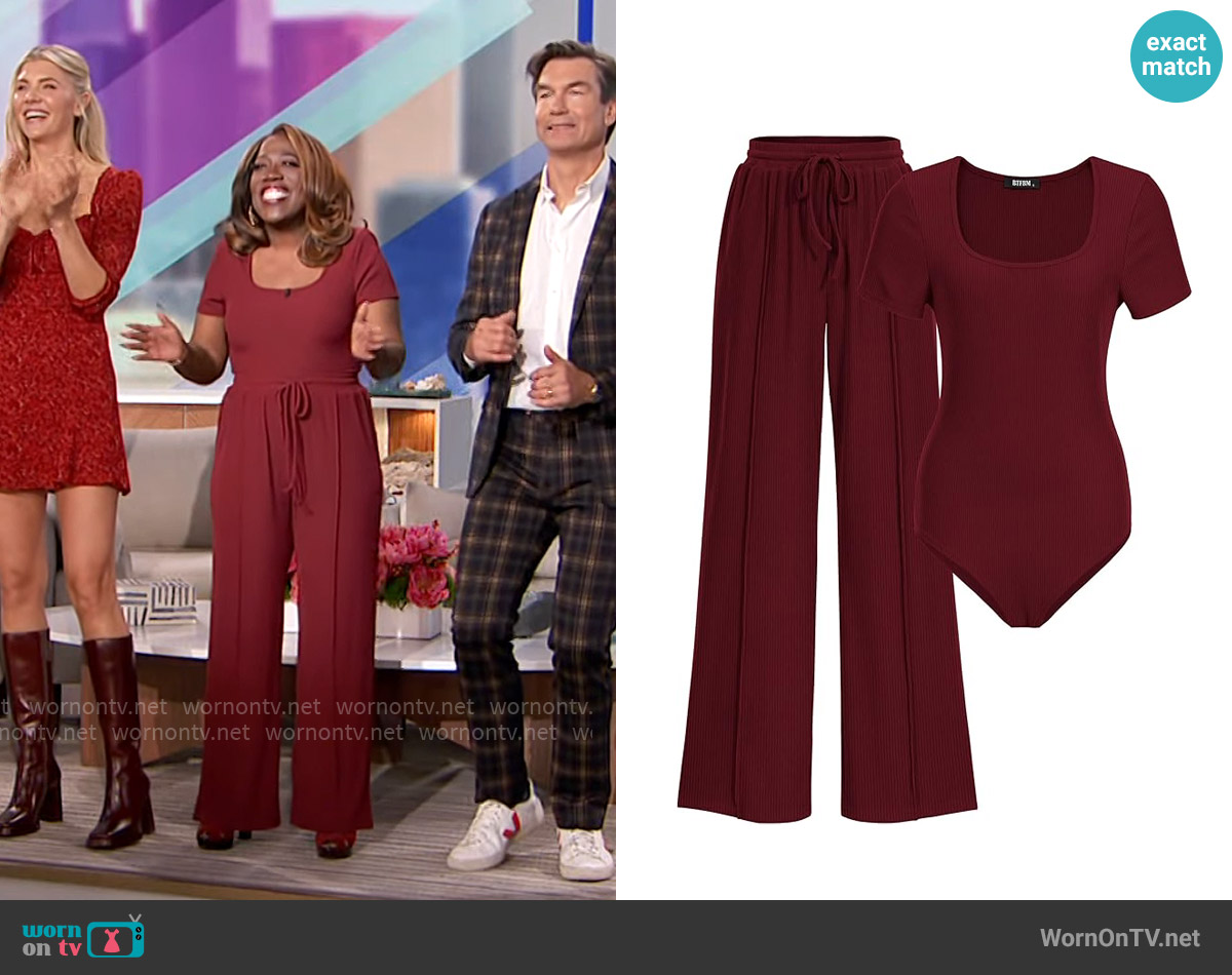 BTFBM Two Piece Set in Solid Wine Red worn by Sheryl Underwood on The Talk