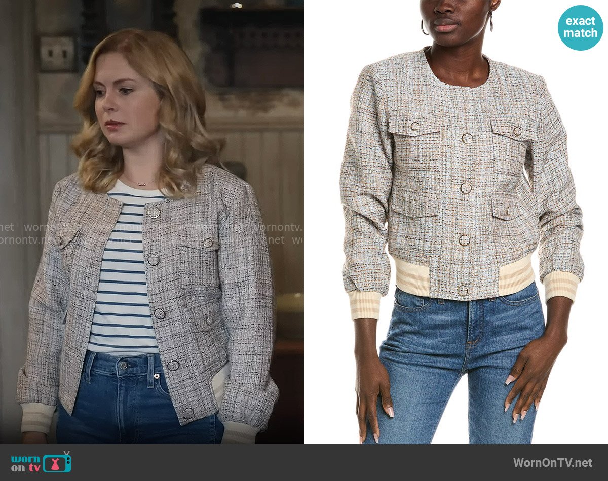 Central Park West Hayden Cargo Tweed Bomber worn by Sam (Rose McIver) on Ghosts