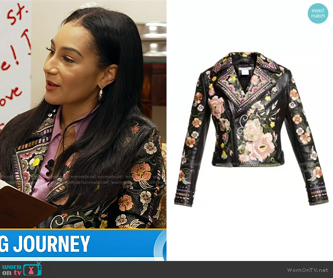 Alice + Olivia Cody Embroidered Leather Moto Jacket worn by Morgan Radford on Today