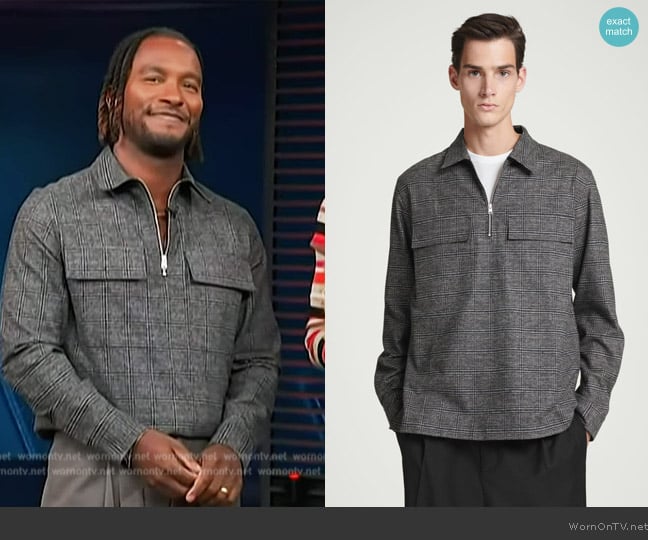 Cos Relaxed Checked Cotton Half-Zip Shirt worn by Scott Evans on Access Hollywood