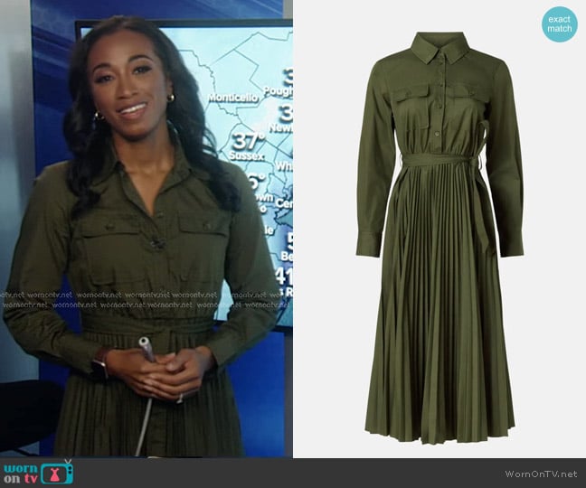 Derek Lam Collective Pleated Midi Shirt Dress in Green worn by Brittany Bell on Good Morning America