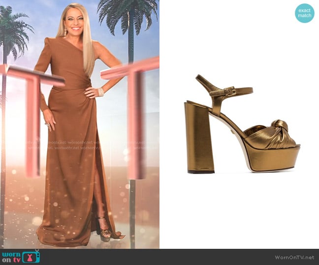 Dolce & Gabbana Platform 80 Leather Sandals in Metallic Gold worn by Sutton Stracke on The Real Housewives of Beverly Hills