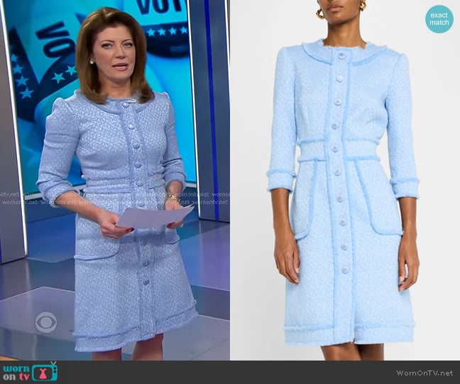 Norah’s blue tweed dress on CBS Evening News