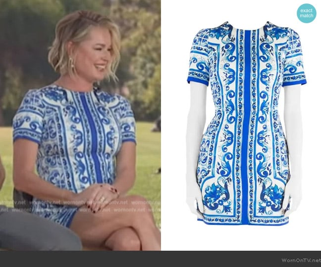 Dolce & Gabbana Majolica Printed Silk Fitted Sheath Dress worn by Rebecca Romijn on Live with Kelly and Mark