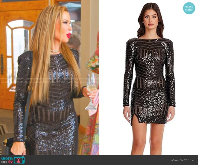 Dress the Population Nathalia Bodycon Mini Dress in Black Nude worn by Britani Bateman on The Real Housewives of Salt Lake City