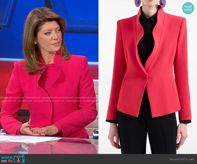 Emporio Armani Ruffled-trim Crêpe Cady Jacket worn by Norah O'Donnell on CBS Evening News