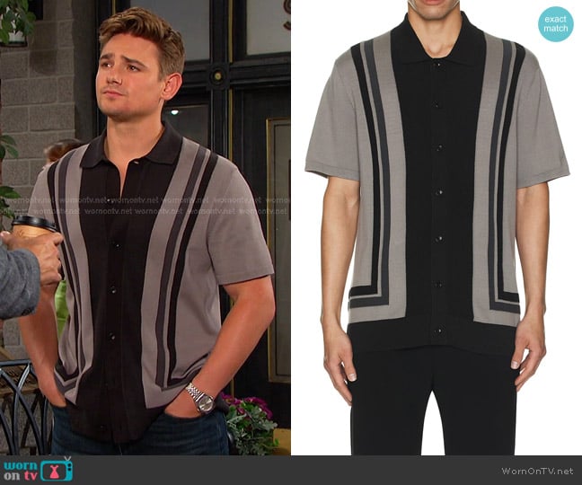 Good Man Brand Essex Striped Knit Polo in Heather Grey worn by Johnny DiMera (Carson Boatman) on Days of our Lives