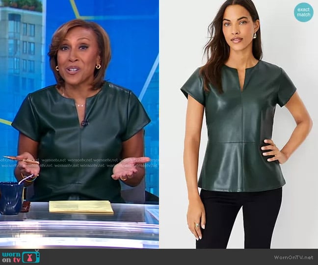 Ann Taylor Faux Leather Seamed Split Neck Peplum Top in Boxwood Green worn by Robin Roberts on Good Morning America