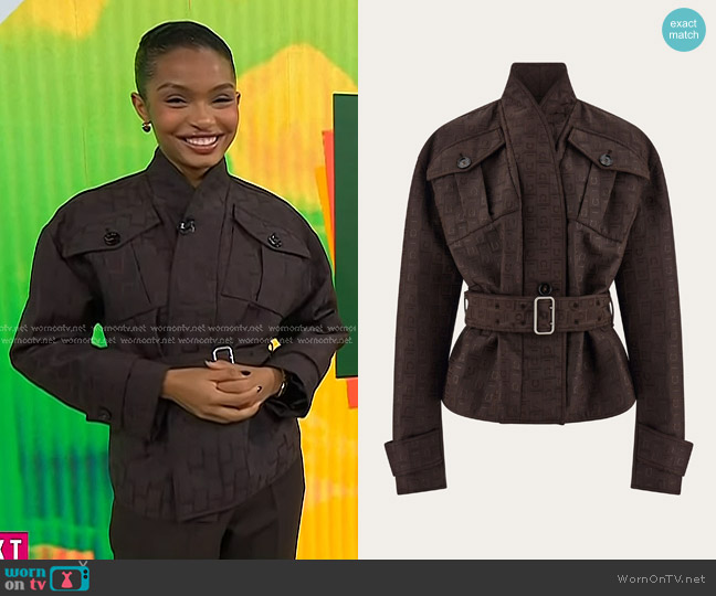 Ferragamo Monogram Print Jacket in Espresso worn by Yara Shahidi on Today