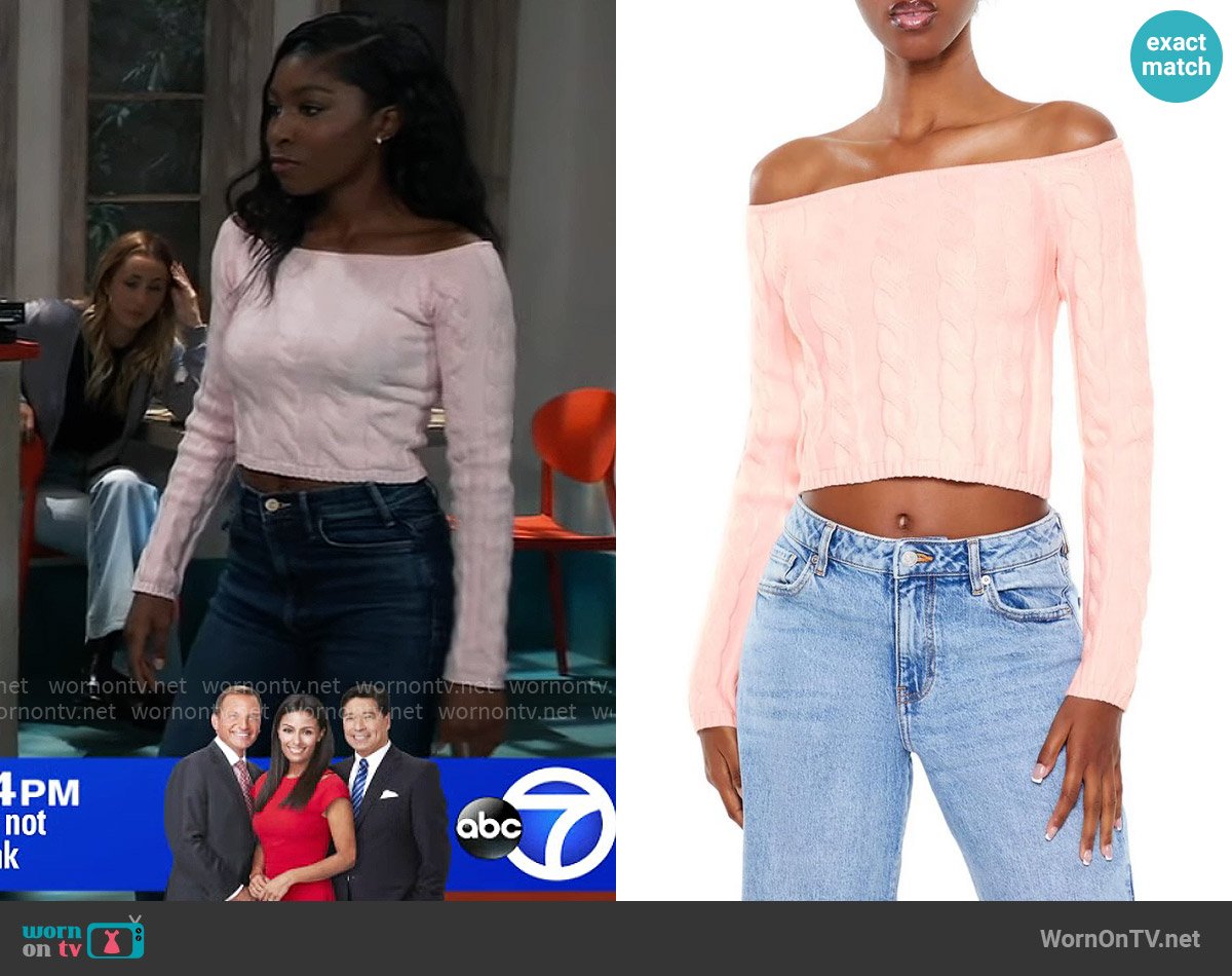 Forever 21 Off-the-Shoulder Cropped Sweater in Seashell worn by Trina Robinson (Tabyana Ali) on General Hospital