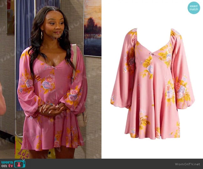 Free People Francesca Floral Print Minidress in Dawn Rose Combo worn by Chanel Dupree (Raven Bowens) on Days of our Lives