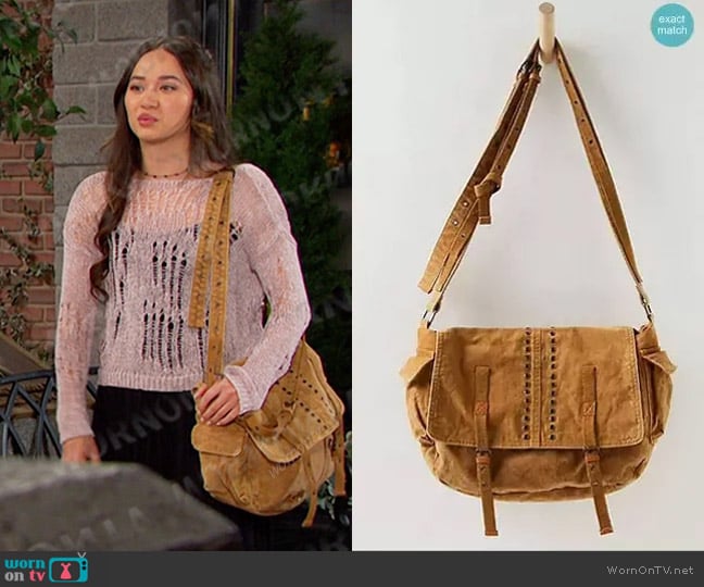 Free People Zevon Distressed Messenger Bag in Desert Dune worn by Sophia (Madelyn Kientz) on Days of our Lives