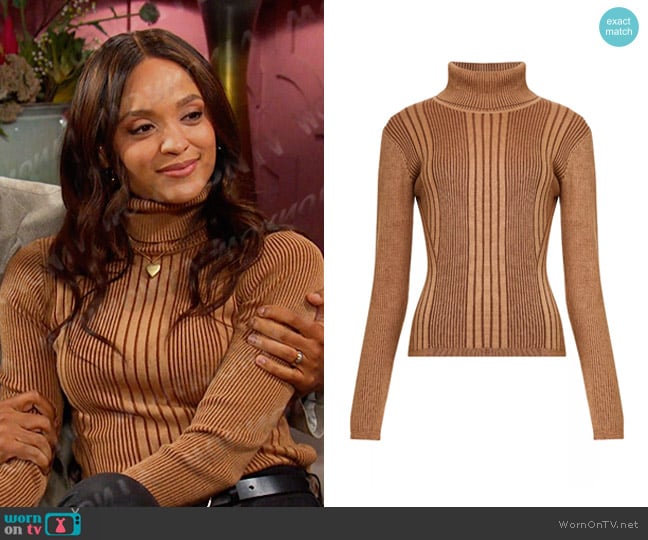 French Connection Knitted Roll Neck Sweater in brown stripe worn by Lani Price (Sal Stowers) on Days of our Lives