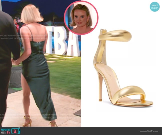 Gianvito Rossi Bijoux Ankle-Strap Metallic Leather Stiletto Sandals worn by Whitney Rose on The Real Housewives of Salt Lake City