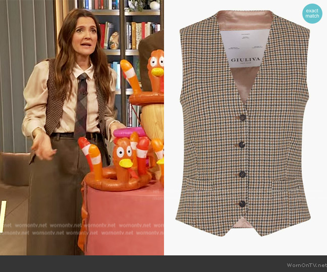 Giuliva Andrea Vest in Wool Houndstooth worn by Drew Barrymore on The Drew Barrymore Show