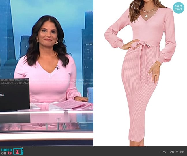 HAEOF at Amazon Ribbed Knit V Neck Sweater Dress in Pink worn by Darlene Rodriguez on Today