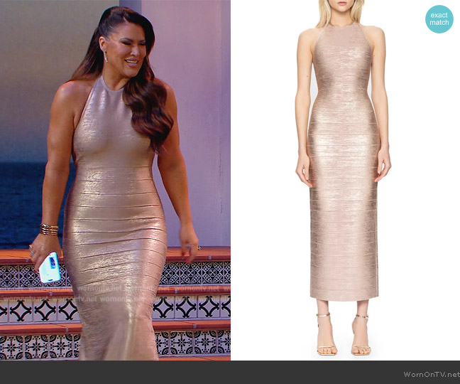 Herve Leger Metallic Foil Bandage Midi Dress worn by Emily Simpson on The Real Housewives of Orange County