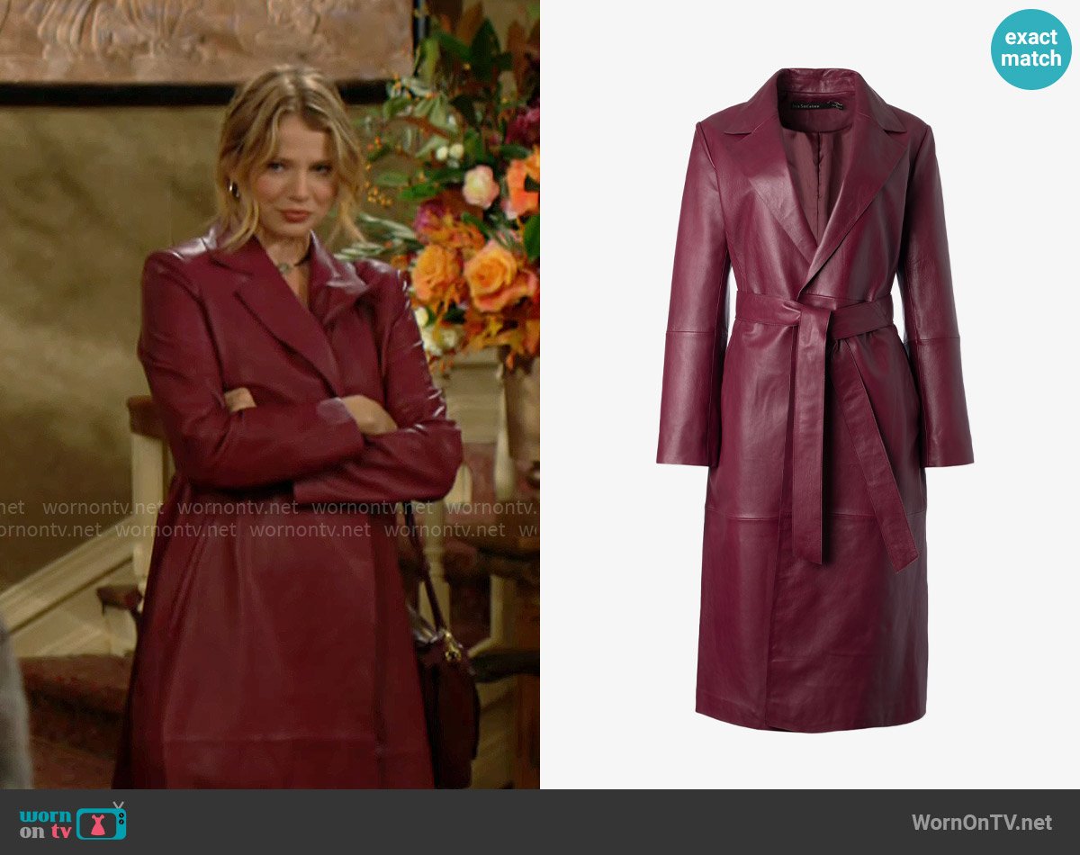 Iris Setlakwe Leather Trench Coat in Wine worn by Summer Newman (Allison Lanier) on The Young and the Restless