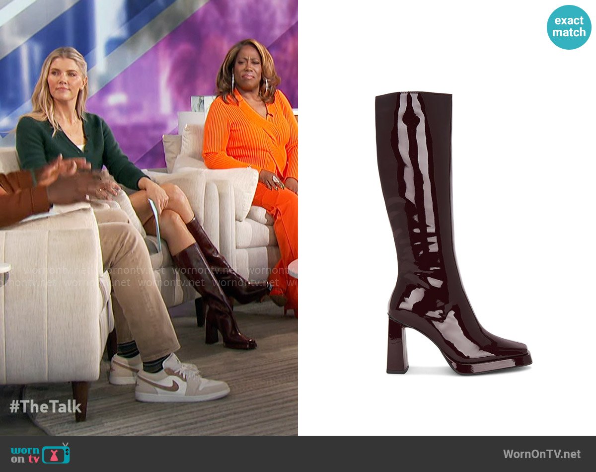 Jeffrey Campbell Maximal Boots in Wine worn by Amanda Kloots on The Talk