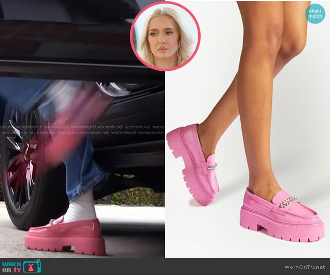 Jimmy Choo Bryer Flat Patent Leather Loafer in Candy Pink worn by Erika Jayne on The Real Housewives of Beverly Hills