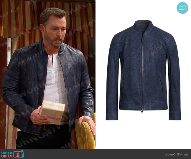 John Varvatos Regular Fit Leather Racer Jacket In Sapphire worn by Brady Black (Eric Martsolf) on Days of our Lives