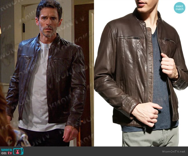 John Varvatos Brando Band Collar Jacket in Chocolate worn by Shawn Douglas Brady (Brandon Beemer) on Days of our Lives