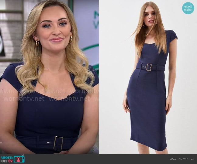 Karen Millen Cap Sleeve Scuba Crepe Belted Midi Pencil Dress worn by Kelly O'Grady on CBS Mornings