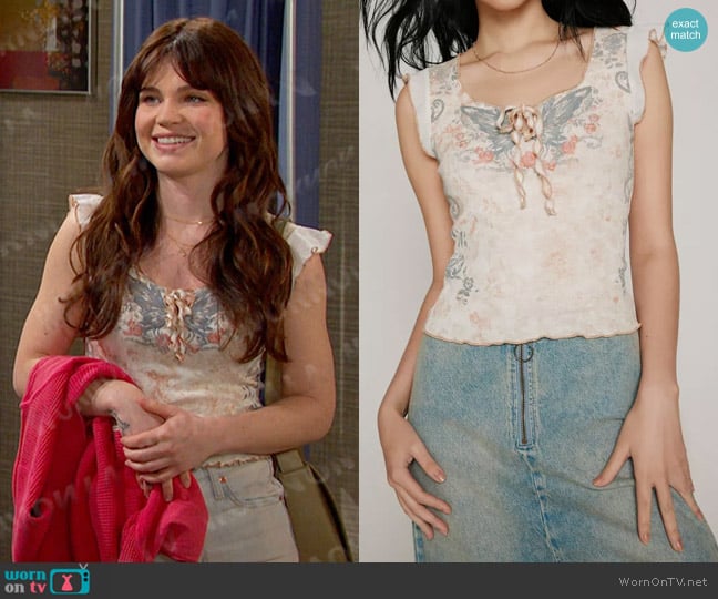 Kimchi Blue Rae Flutter Sleeve Tee worn by Joy Wesley (AlexAnn Hopkins) on Days of our Lives