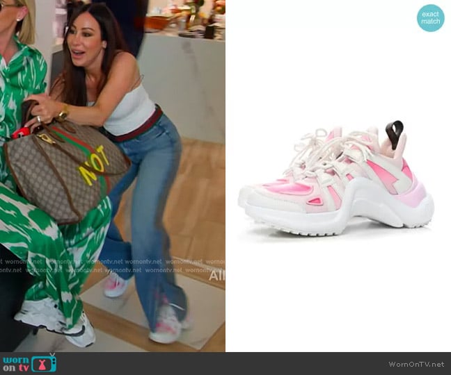 Louis Vuitton Calfskin Technical Nylon LV Archlight Sneaker in White/Pink worn by Angie Katsanevas on The Real Housewives of Salt Lake City