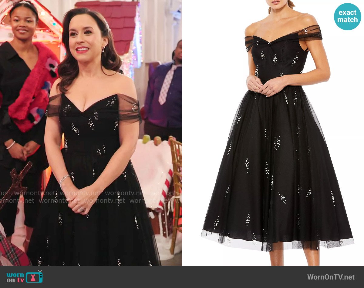 Lacey Chabert’s embellished off-shoulder dress on Celebrations with Lacey Chabert