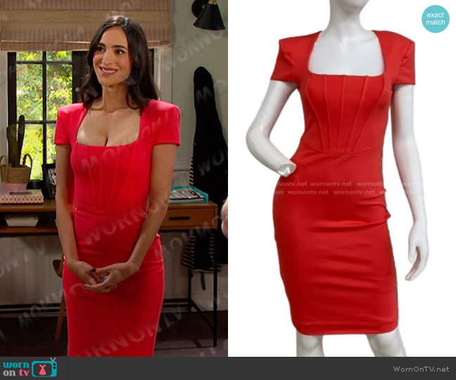 Marciano Kyle Corset Midi Dress in Citrus Paradisi worn by Gabi Hernandez (Cherie Jimenez) on Days of our Lives