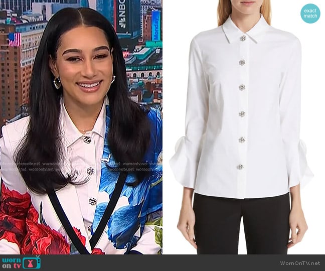 Michael Kors Ruffle Cuff Jeweled Button Blouse worn by Morgan Radford on NBC News Daily