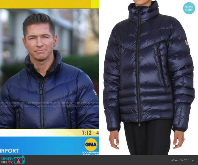 Moncler Canmore Quilted Down Jacket in Blue worn by James Longman on Good Morning America