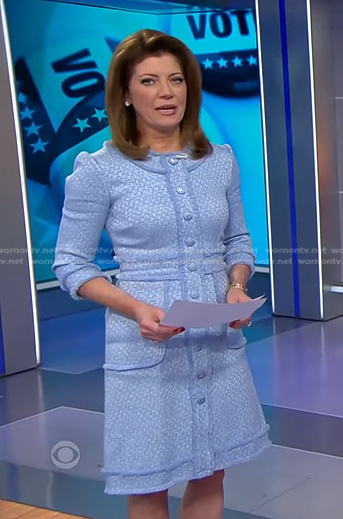 Norah's blue button front tweed dress on CBS Evening News