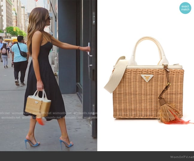 Prada Canvas Wicker Shoulder Bag White Tan worn by Brynn Whitfield on The Real Housewives of New York City