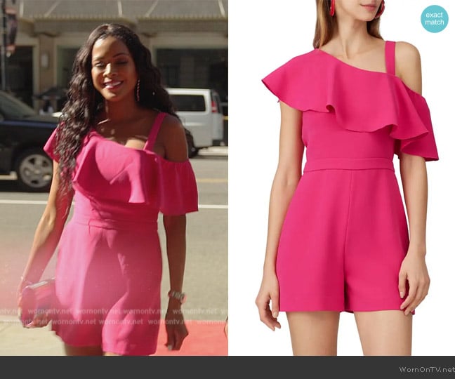 Rachel Zoe Pink Ruffle Romper worn by Stacey Rusch on The Real Housewives of Potomac