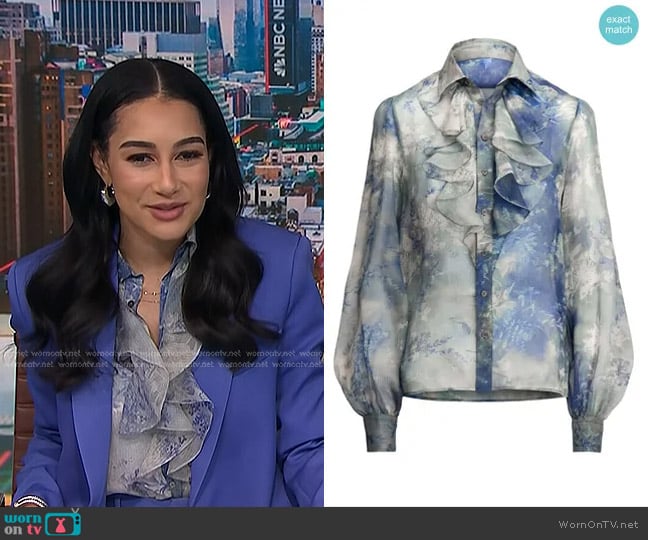 Ralph Lauren Dylon Ruffled Floral Washed Silk Shirt worn by Morgan Radford on NBC News Daily