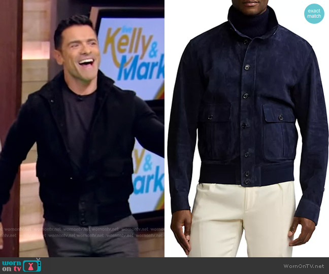 Ralph Lauren Purple Label Calloway Suede Bomber Jacket in Classic Chairman Navy worn by Mark Consuelos on Live with Kelly and Mark