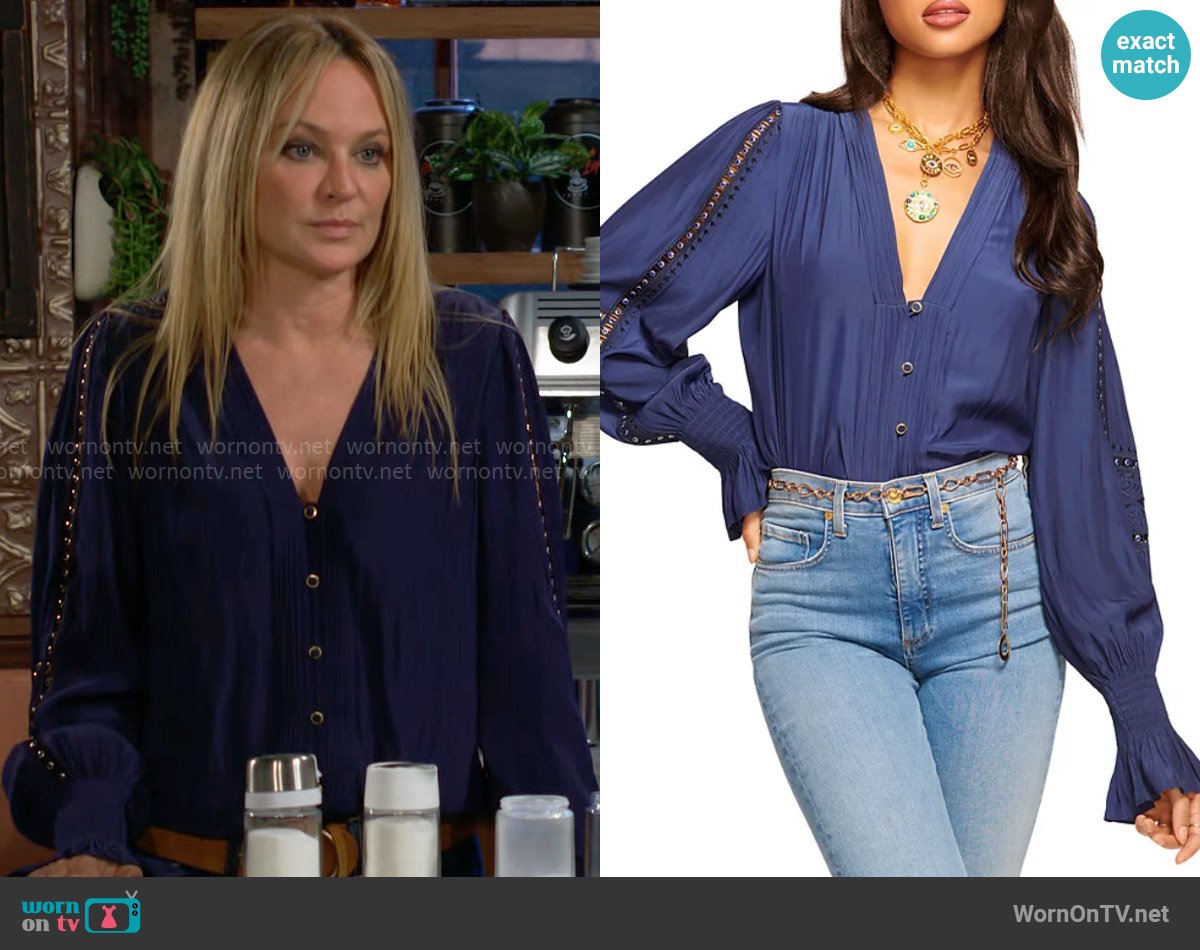 Ramy Brook Noa Embellished Top worn by Sharon Newman (Sharon Case) on The Young and the Restless